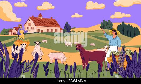 Scène de ferme avec des moutons et des agriculteurs dans un paysage pastoral avec des collines ondulantes et une ferme sous un ciel violet. Agriculture et concept de vie rurale Illustration de Vecteur