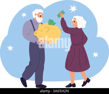 Un couple âgé met de l'argent dans une tirelire. Épargne-retraite. Finance familiale senior. Moneybox pour billets de banque financiers. La richesse des grands-parents. Retraité vieux Illustration de Vecteur