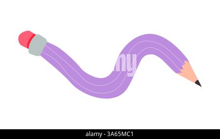 Crayon comique courbé torsadé doodle croquis. Crayon simple dessiné à la main. Fournitures scolaires flexibles funky. Outil d'écriture tendance. Illustration vectorielle Illustration de Vecteur
