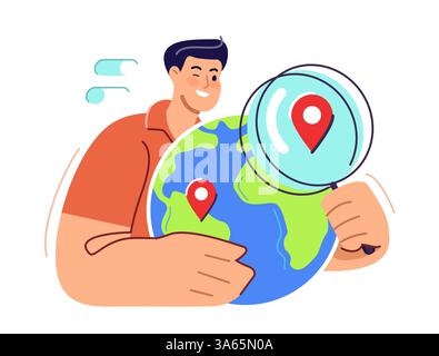 Recherche sur Internet dans le monde entier. Concept Web. L'utilisateur avec la loupe regarde le globe pour trouver des informations Illustration de Vecteur