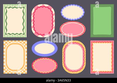Ensemble de cadres de bordure ondulée Groovy - cadres de couleurs pastel avec des motifs de tourbillon de points, éléments à carreaux, bords festonnés ovales pour les projets de conception rétro des années 60 et 70. Arrière-plans vectoriels colorés à carreaux funky. Illustration de Vecteur