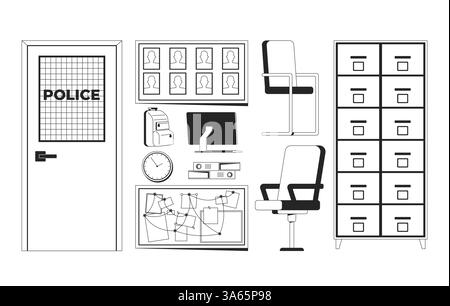 Intérieur de bureau de police avec outils d'investigation 2D objets de ligne Illustration de Vecteur
