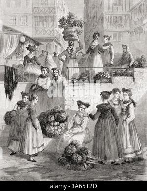 Robe typique des femmes alsaciennes à Strasbourg, XIXe siècle. De Paris à Bucarest, conférences géographiques de M. V. Duruy, 1860. En vedette dans le Tour du monde, publié en 1861. Banque D'Images