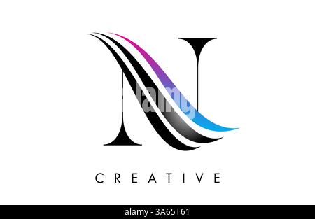 N lettre logo icône serif police avec courbes Swoosh créatives et illustration vectorielle de conception élégante Illustration de Vecteur