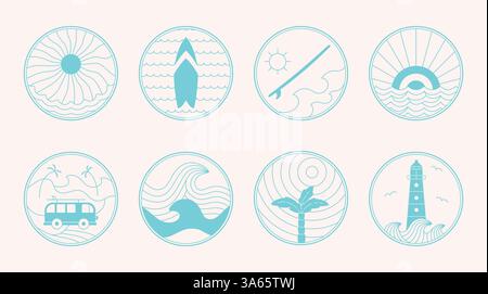 Simple ligne bleu badge marin sur l'océan, la mer, le surf. Autocollant vectoriel rond de contour simple, bannière, modèles de desin de merch. Illustration de Vecteur