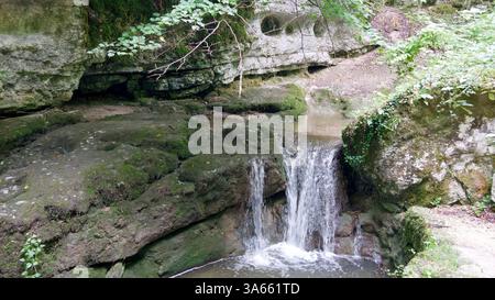 Cascade de forêt sereine coulant au-dessus de Mossy Rocks dans un cadre naturel tranquille Banque D'Images