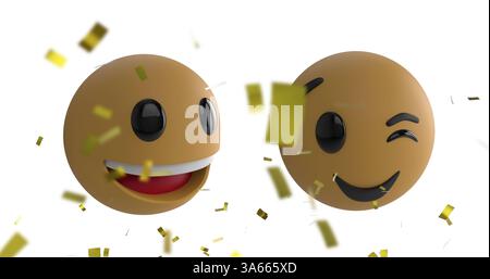 Image de confettis dorés tombant sur deux emojis souriants sur fond blanc Banque D'Images