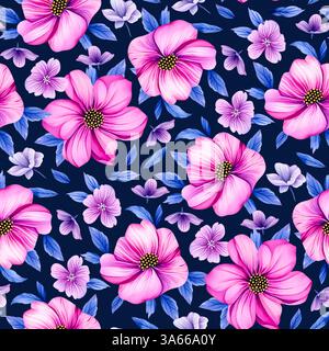 Motif sans couture motif floral rose aquarelle. Illustration de fleurs numériques dessinées à la main. Banque D'Images