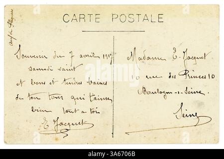 Revers de la carte postale française de la première Guerre mondiale envoyée à l'épouse d'un soldat du Front, datée du 7 avril 1917 (samedi Saint) postée à Boulogne-sur-Seine, France Banque D'Images