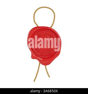 Timbre de sceau de cire certifié rouge avec corde sur fond blanc. Rendu 3D. Banque D'Images
