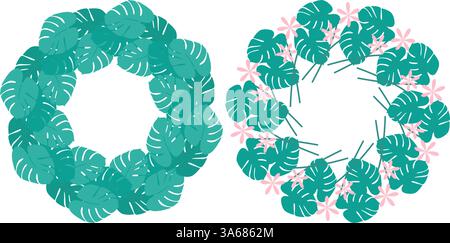 Fleurs tropicales abstraites Monstera feuilles cadres circulaires bordures Copier espace modèle concept Set 2. Illustration vectorielle isolée cartes thématiques, dépliants, affiche, étiquette de prix, étiquette ou bannière promotionnelle Web Illustration de Vecteur