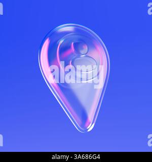 Transparent Glass Map pointeur emplacement pin avec personne homme Web icône signe avec Iridescent Highlights sur un fond bleu. Rendu 3D. Banque D'Images