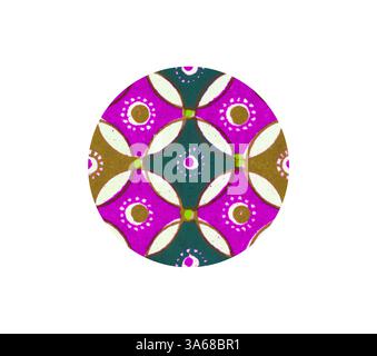 Un design circulaire vibrant avec un motif répété de formes florales dans des couleurs riches de violet, vert et or, accentué avec des détails à pois pour plus de texture. Art classique avec une touche moderne réinventé par Artotop, ornement égyptien transformé Banque D'Images