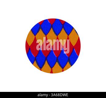 Un design circulaire vibrant avec un motif répétitif de formes alternées rouges, bleues et dorées ressemblant à des écailles ou des feuilles de poisson. Art classique avec une touche moderne réinventé par Artotop, ornement égyptien transformé Banque D'Images