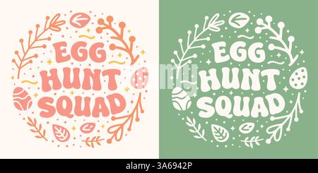 Pâques oeuf Hunt Squad équipe Crew badge logo texte vectoriel pour les enfants filles famille groupe chemise design rétro groovy vintage pastel rose vert esthétique. Illustration de Vecteur