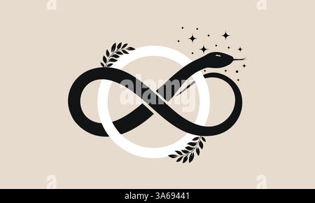 Serpent de l'infini, serpent mystique enroulé en forme de signe de l'infini, symbole céleste de huit noeuds. Design païen wiccan. Illustration du cercle magique Illustration de Vecteur