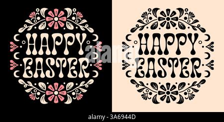 Joyeuses Pâques lettrage forme d'oeuf carte élégante cadre floral délicat plantes fleurs rétro groovy vintage noir rose beige esthétique ornement imprimable. Illustration de Vecteur