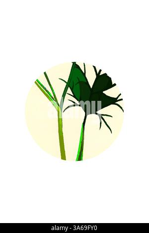 Une vue rapprochée des tiges et des feuilles de plantes vertes éclatantes, présentées dans un cadre circulaire, mettant en évidence leurs formes et textures complexes sur un fond clair. Art classique avec une touche moderne réinventé par Artotop, transformé Foeniculum vulgare fenouil commun Banque D'Images