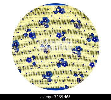 Un fond jaune vif est orné d'un motif ludique de fleurs bleues et d'accents en pointillés, créant un design vivant et joyeux. Art classique avec une touche moderne réinventé par Artotop, transformé les tissus français, première moitié du XIXe siècle Banque D'Images