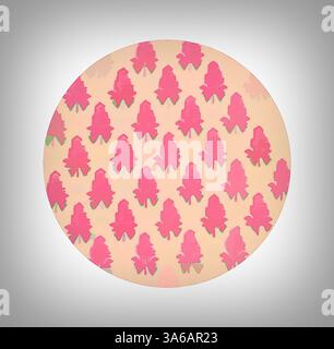Un design circulaire avec un motif répétitif de figures stylisées, principalement dans des tons de rose sur un fond doux, créant une composition visuellement frappante et ludique. Art classique avec une touche moderne réinventé par Artotop, transformé les tissus français, première moitié du XIXe siècle Banque D'Images