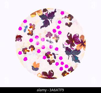 Un motif circulaire avec un arrangement de fleurs colorées et de pois ludiques, créant un motif vibrant et fantaisiste. Art classique avec une touche moderne réinventé par Artotop, transformé les tissus français, première moitié du XIXe siècle Banque D'Images