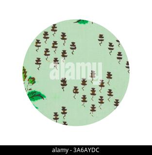 Un motif fantaisiste avec de petites figures stylisées ressemblant à des chapeaux de haut-de-forme dispersés sur un fond vert doux, complété par des notes de motifs feuillus. Art classique avec une touche moderne réinventé par Artotop, transformé les tissus français, première moitié du XIXe siècle Banque D'Images