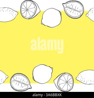 Citrons entiers et coupés cadre de bordure horizontale sans couture. Vecteur d'encre graphique Citrus Lemons line de couleur noire et blanche Conception pour menu, paquet, co Illustration de Vecteur