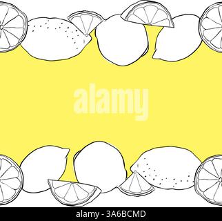 Citrons coupés, tranches et cadre de bordure horizontale sans couture. Vecteur d'encre graphique Citrus Lemons line de couleur noire et blanche Modèle pour Food de Illustration de Vecteur