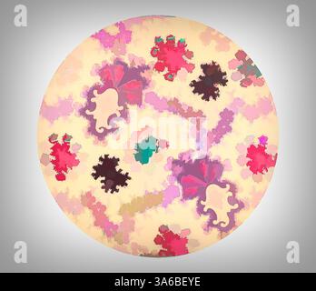 Un design circulaire vibrant mettant en valeur un arrangement abstrait de formes et de motifs colorés, mélangeant des nuances de rose, de rouge et de crème pour créer un effet visuel fantaisiste. Art classique avec une touche moderne réinventé par Artotop, transformé les tissus français, première moitié du XIXe siècle Banque D'Images