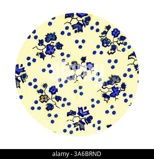Un motif vibrant avec des fleurs bleues délicates et des pois audacieux sur un fond jaune clair, créant un design attrayant et ludique. Art classique avec une touche moderne réinventé par Artotop, transformé les tissus français, première moitié du XIXe siècle Banque D'Images