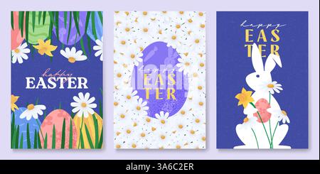 Collection de modèles de vacances de Pâques. Illustration vectorielle créative de Pâques avec des lapins, des fleurs, de l'herbe et des œufs. Affiches contemporaines pour les célébrati Illustration de Vecteur