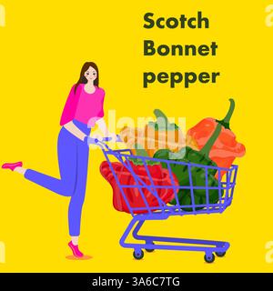 Une femme tient un chariot avec du poivre Scotch Bonnet. Ou du poivre jamaïcain. Piments. Illustration vectorielle isolée. Illustration de Vecteur
