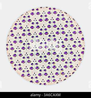 Un motif circulaire avec un motif répété de feuilles stylisées, alternant dans des tons de violet et de blanc, créant un arrangement géométrique visuellement captivant et complexe. Art classique avec une touche moderne réinventé par Artotop, transformé les tissus français, première moitié du XIXe siècle Banque D'Images