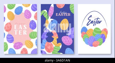 Ensemble de couverture de Pâques de vacances. Un vecteur créatif Happy Easter illustration mettant en vedette des lapins, des œufs, de l'herbe et des fleurs de printemps. Parfait pour branding, Ban Illustration de Vecteur