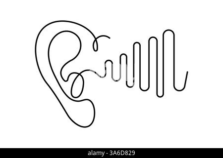 Dessin d'art de ligne continue d'oreille humaine de l'icône de vecteur de contour avec fond blanc Illustration de Vecteur