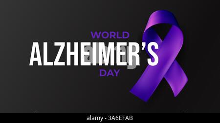 Ruban violet pour World Alzheimers Day sur fond dégradé foncé. Hommage émotionnel à la sensibilisation à la perte de mémoire, au soutien au vieillissement, aux soins de la démence. Brillant Illustration de Vecteur