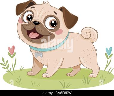 Adorable carillon de dessin animé. Petit chien sympathique et heureux. Design simple, style plat dessiné à la main. Parfait pour les livres pour enfants, les produits pour animaux de compagnie ou le contenu animé. Petit chien heureux, amical et affectueux Illustration de Vecteur