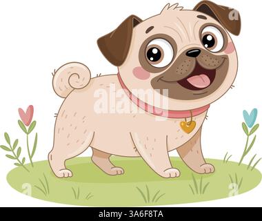Adorable carillon de dessin animé. Petit chien sympathique et heureux. Design simple, style plat dessiné à la main. Parfait pour les livres pour enfants, les produits pour animaux de compagnie ou le contenu animé. Petit chien heureux, amical et affectueux Illustration de Vecteur