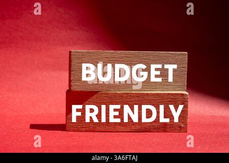 Message amical de budget écrit sur des blocs de bois sur fond rouge. Symbole conceptuel favorable au budget. Copier l'espace. Banque D'Images