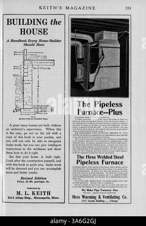 Keith's Magazine on Home Building, publié pour la première fois en 1919 par l'architecte Max L. Keith, fournit des plans détaillés pour les maisons, les écoles et les églises. Il offre une analyse des coûts, des plans d'étage et des caractéristiques sur l'aménagement paysager, la décoration intérieure et les matériaux. Le magazine comprend également des publicités pour des fournitures et des meubles de construction de maisons. Banque D'Images