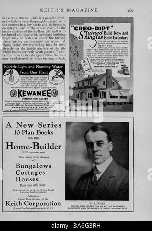 Keith's Magazine, édité par Max L. Keith en 1919, fournit un guide complet de la construction de maisons avec des illustrations détaillées, des plans d'étage, et des descriptions des conceptions, ainsi que les coûts associés. Il couvre divers styles de construction, la décoration intérieure et l'aménagement paysager, avec des publicités pour les matériaux de construction et l'ameublement de maison. Certaines questions incluent la conception de bâtiments éducatifs et religieux. Volume 42, no. il manque les pages 109-112. Banque D'Images