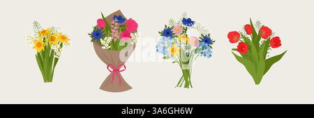 Ensemble de bouquets. Fleurs de jardin florissantes. Illustration vectorielle plate dans un style dessiné à la main Illustration de Vecteur