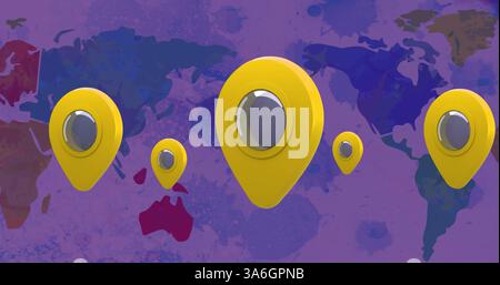 Image de picots jaunes rebondissant sur la carte du monde. connexions mondiales et concept technologique image générée numériquement. Banque D'Images