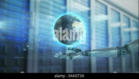 Image du globe terrestre et de la salle de serveurs robotisée. connexions globales, interface numérique et concept technologique image générée numériquement. Banque D'Images