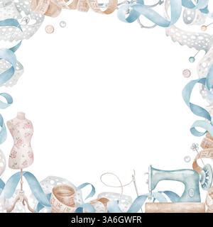 Outils de couture et accessoires cadre carré. Machine à coudre, mannequin, dentelle blanche, ruban centimétrique, boutons, perles. Modèle de matériaux de loisirs Banque D'Images