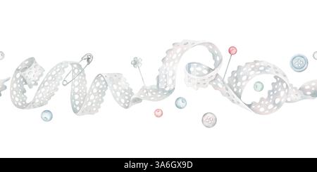 Bordure sans couture en dentelle blanche. Ruban de torsion décoratif, boutons, épingles, perles. Élément graphique dans le style aquarelle pour votre conception. Banque D'Images