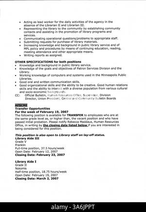 Le bulletin officiel de la bibliothèque publique de Minneapolis 2007 fournit une mise à jour hebdomadaire pour le personnel de la bibliothèque, offrant des informations sur les événements, les programmes et les communications internes pour les employés de la bibliothèque publique de Minneapolis. Banque D'Images