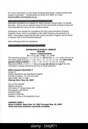 Le bulletin officiel de la bibliothèque publique de Minneapolis 2007 est une mise à jour hebdomadaire pour les employés du système de bibliothèque, couvrant les nouvelles, les changements organisationnels et les événements à venir au sein de la bibliothèque publique de Minneapolis. Banque D'Images