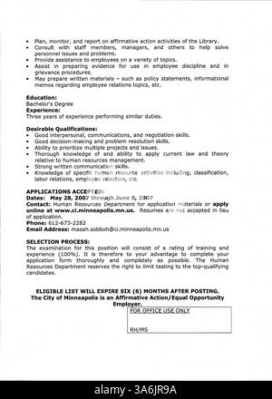 L'édition 2007 du Bulletin officiel de la Bibliothèque publique de Minneapolis informe le personnel des événements importants, des nouveaux programmes et des développements internes au sein du système de bibliothèque. Banque D'Images