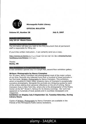Cette édition 2007 du bulletin officiel de la bibliothèque publique de Minneapolis comprend des mises à jour hebdomadaires pour les employés de la bibliothèque du comté de Hennepin sur les services de bibliothèque, les politiques et les annonces internes. Banque D'Images